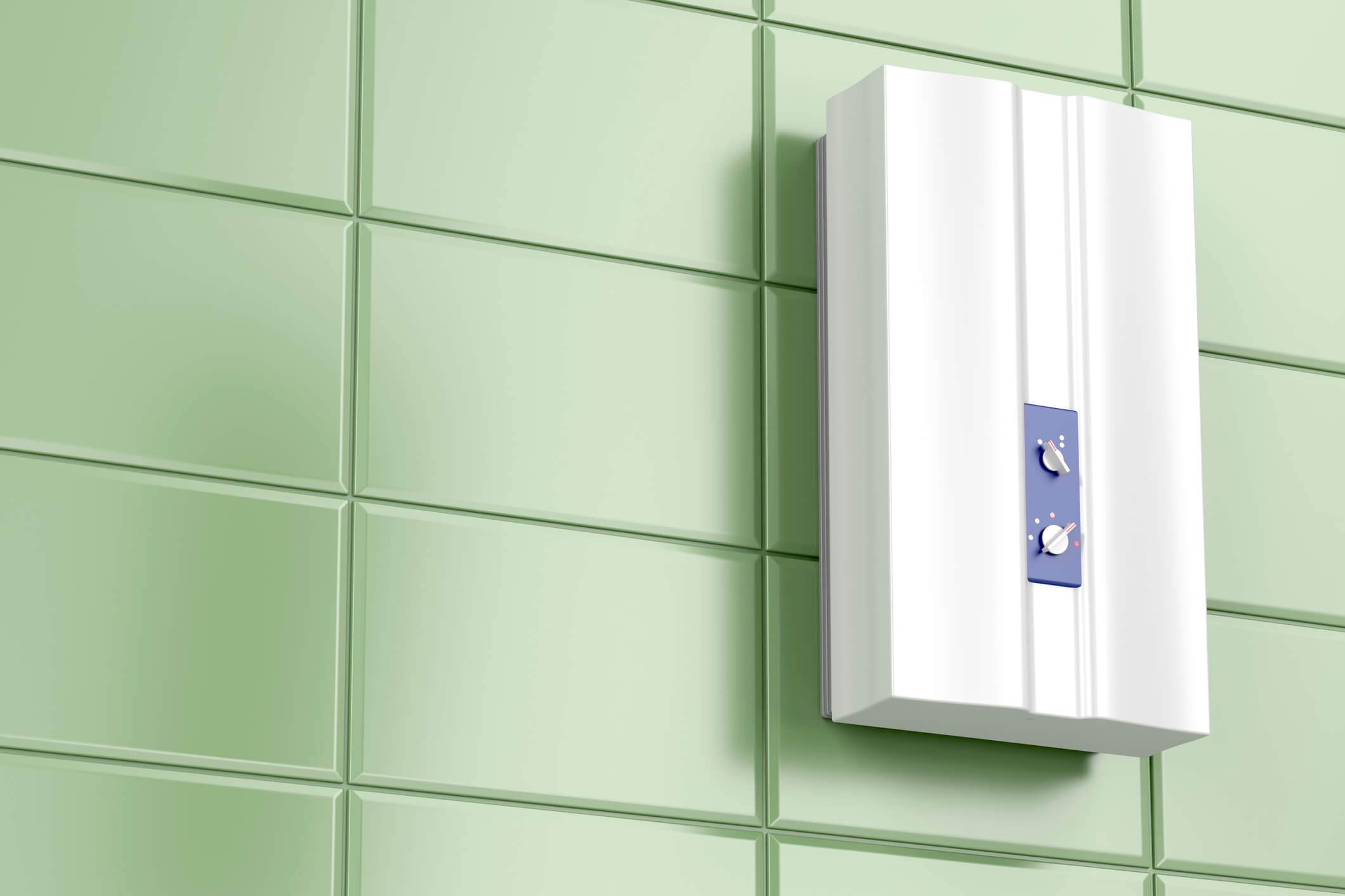 无罐热水器安装在绿色瓷砖墙上